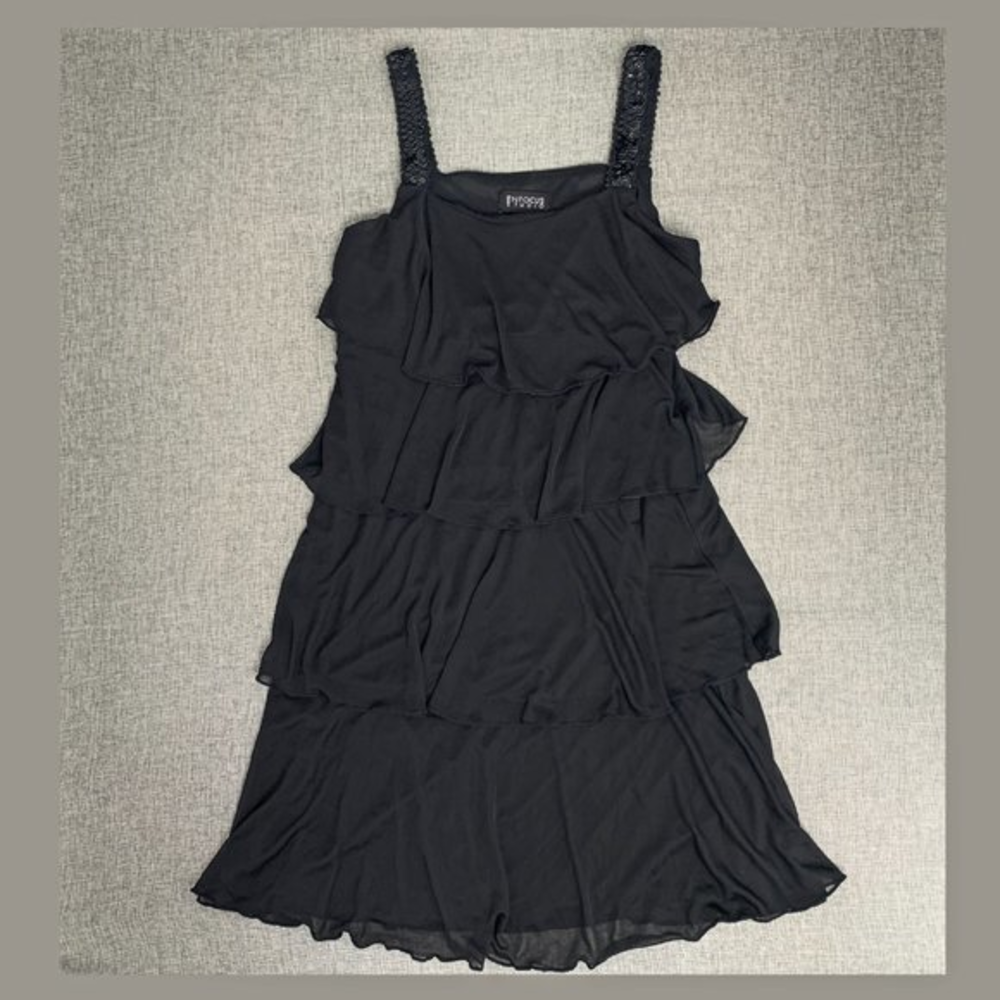 ENFOCUS Studio Black Evening Dress Tiered‎ Ruffled Size 8 Sequin Strap Shoulders